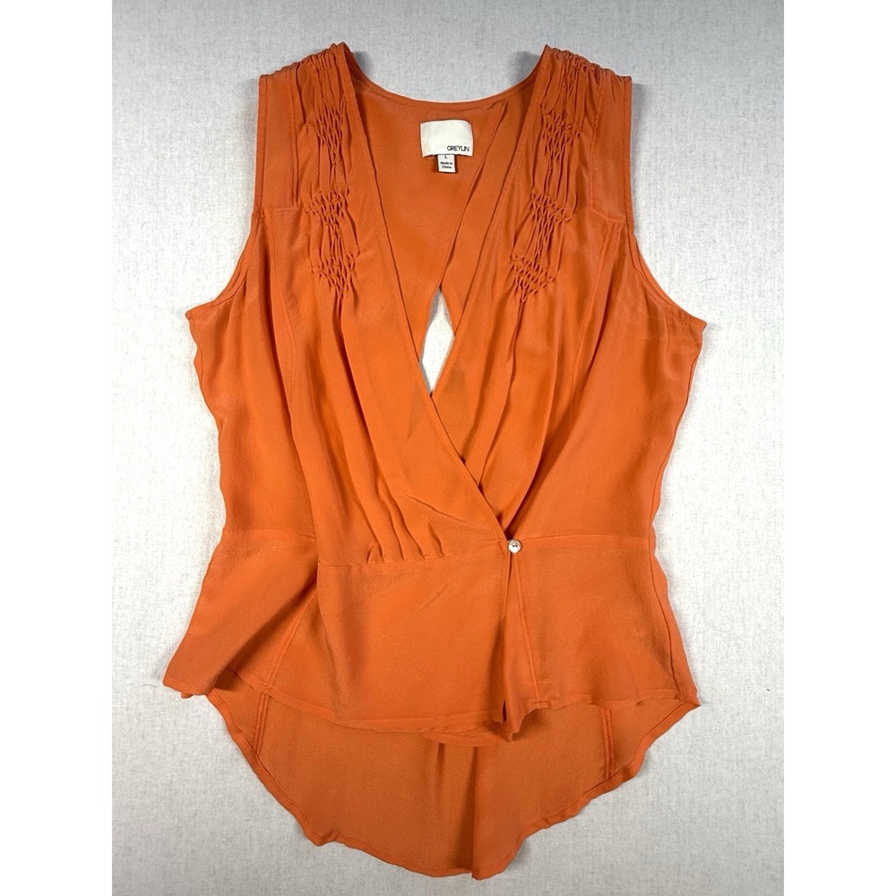 Anthropologie Greylin 100% Silk Top Women Sz L Orange Sleeveless Blouse Ruffle